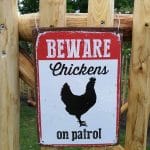 Franse rondhoutpoort als doorgang bij een kippenhok met een bordje 'beware chickens on patrol' bevestigd aan de poort.