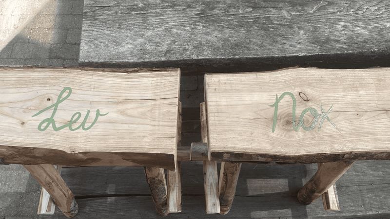 Twee kastanjehouten krukjes met de namen Lev en Nox handgeschreven met lichtgroene verf.