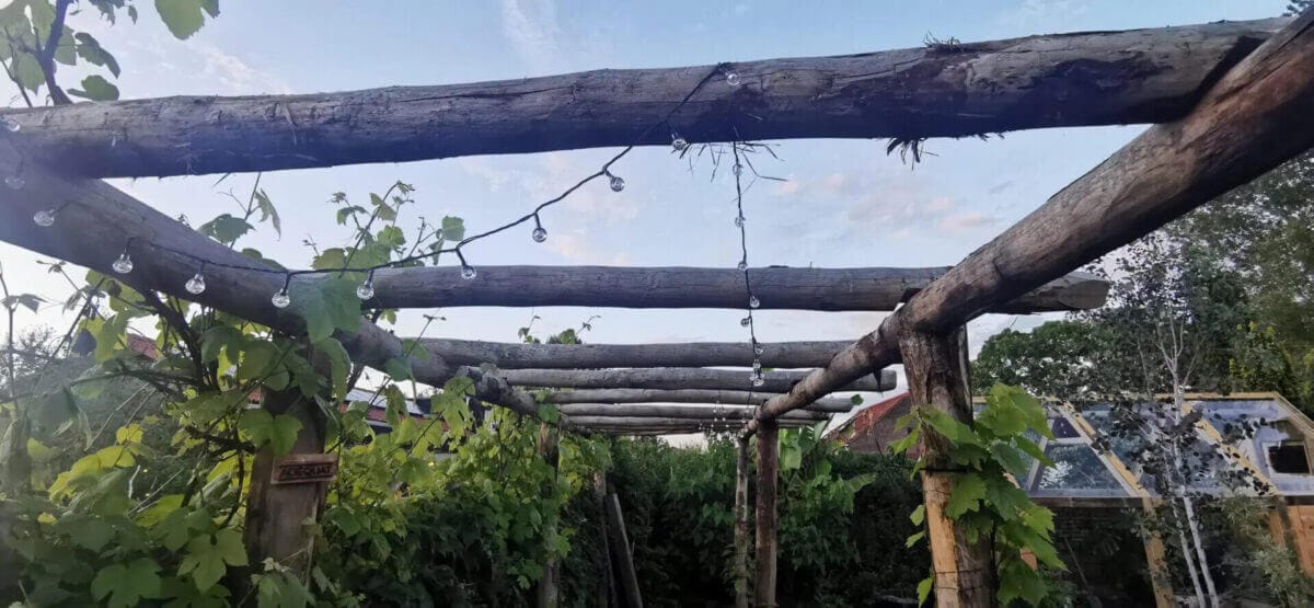 Een pergola met een lichtsnoer